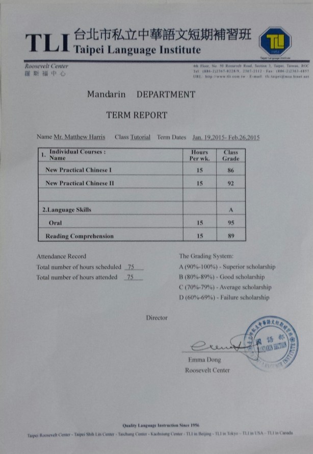 Chinese language grades